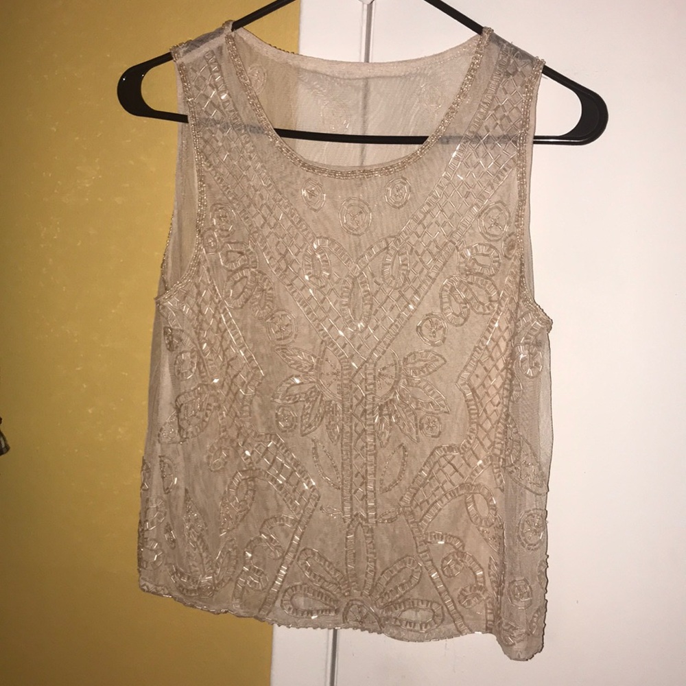 Sheer nude crop top with shimmery detail